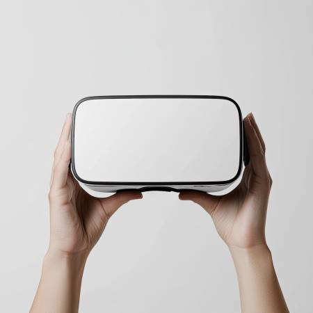 Front view of hand holding virtual reality headset, blank white screen mockup, high detail, 8k --ar 3:2 --v 6.1 Job ID: ed23e82d-1b9c-4145-ad23-b8457dd39837